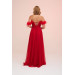 Red Chiffon Feathered Slit Long Evening Dress