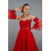 Red Tulle Low Sleeve Engagement Evening Dress