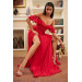 Red Flounce Evening Dress With Lace Slit On The Top
