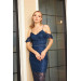 Navy Blue Strap Laced Midi Length Engagement Evening Dress
