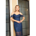 Navy Blue Strap Laced Midi Length Engagement Evening Dress