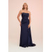 Navy Blue Satin Front Embroidered Balloon Sleeve Long Evening Dress