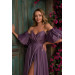 Lavender Satin Balloon Sleeve Slit Long Evening Dress