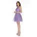Lilac Stone Tulle Belted Short Evening Dress