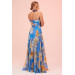 Blue Strap Slit Printed Evening Dress