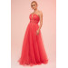 Coral Strapless Backless Tulle Engagement Dress
