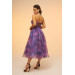 Purple Printed Strapless Midi Evening Dress