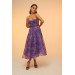 Purple Printed Strapless Midi Evening Dress