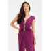 Plum Plisoley Long Evening Dress With Stone Slit On The Front