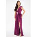 Plum Plisoley Long Evening Dress With Stone Slit On The Front