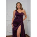 Plum Satin One Shoulder Slit Long Evening Dress