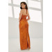 Orange Sequined Mid Cut Long Evening Dress