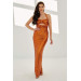Orange Sequined Mid Cut Long Evening Dress