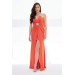 Orange Satin Long Evening Dress With Slit On The Front