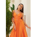 Orange Chiffon Strap Long Evening Dress With Stone Collar