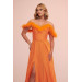 Orange Chiffon Feathered Slit Long Evening Dress