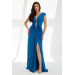 Saks Plisoley Long Evening Dress With Stone Slit On The Front