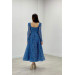 Lurex Fabric Square Neck Midi Dress Indigo Blue