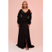 Black Sleeve Detailed Slit Long Venezia Evening Dress