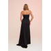 Black Satin Front Embroidered Balloon Sleeve Long Evening Dress