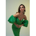 Green Satin Balloon Sleeve Short Evening Dress