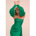 Green Satin Front Embroidered Balloon Sleeve Long Evening Dress