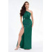 Emerald Foil Single Sleeve Slit Long Evening Dress