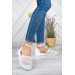 Womens White Knitted Canvas Ankle Strap Shoes