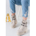Womens Cream Winter Boots With Zip And Drawstring