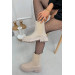 Nude Skin Winter Stylish Thick Soled Elastic Medium Size 5 Cm Heel Half Pu Leather Daily Boots