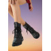 Womens Black Leather Snow Boots With Drawstring And Zipper