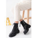 Womens Black Leather Winter Boots With Drawstring