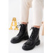 Womens Black Leather Winter Boots With Drawstring