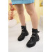 Womens Black Leather Winter Boots With Zipper And Laceup