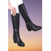 Womens Long Black Leather Zipper Boots