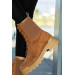 Tan Suede Womens High Heeled Boots Winter Below The Knee Lace Up Thick Soled Medium Size Half Boots 4 Cm Daily
