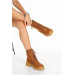 Womens Winter Leather Boots, Earthy Suede, With Drawstring And Zipper