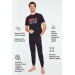 Men Navy Blue Round Collar Pajama Set