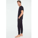 Men Navy Blue Round Collar Pajama Set