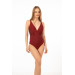 Women Draped Thin Strap Swimsuit Claret Red