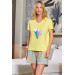 Women Yellow Short Sleeve Print Detailed Pajama Shorts Set