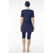 Women Half Sleeve Tights Swimsuit Navy Blue