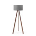 Three Legged Wooden Floor Lamp With A Gray Patterned Head