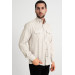 Varetta Mens Cream Flap Double Pocket Long Sleeve Checked Linen Effect Shirt