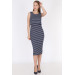 Navy Blue Striped Sleeveless Slit Nursing Dress