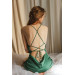 Green Satin Nightgown With Laced Back And Gathered Sides