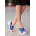 Blue Leather Wedge Heel Slippers