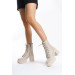 Beige Leather Lace-Up Boots