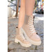 Cream Leather Lace Up Boots