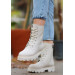 Beige Leather Lace-Up Boots